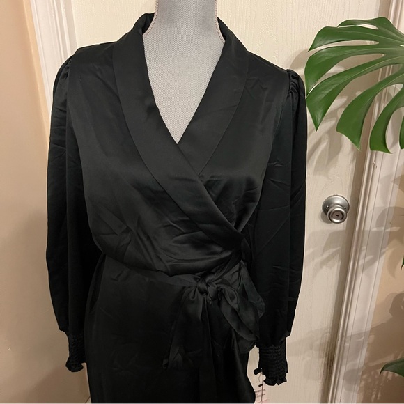 NWT Rachel Parcell Black Satin Wrap Ruffle Dress - Picture 7 of 13